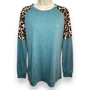 KILIG Women’s Leopard Color Block Long Sleeve Tunic Teal Size Medium
